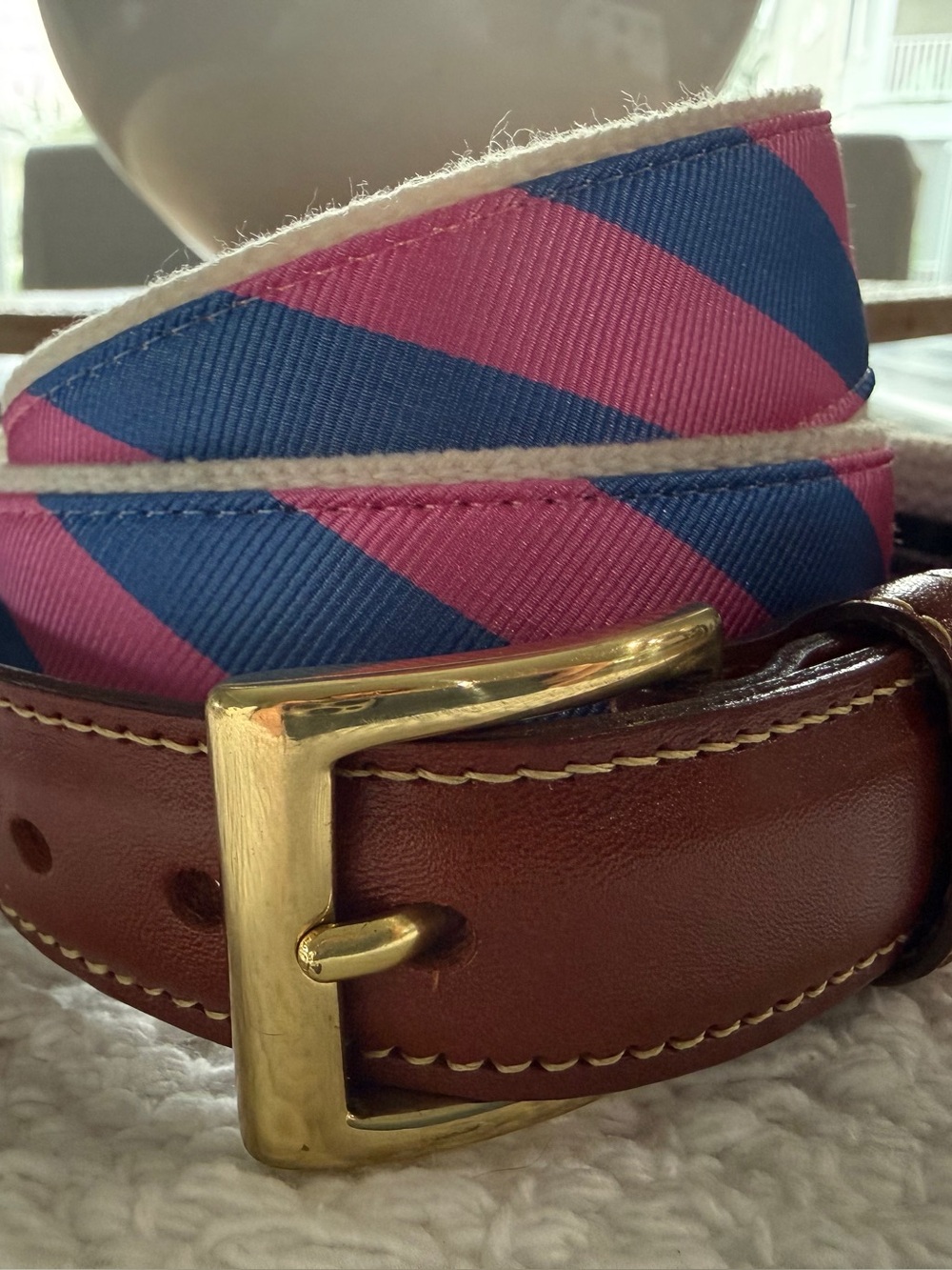 Men's Collard Greens Striped Canvas & Leather Belt - Pink and Blue Size 36